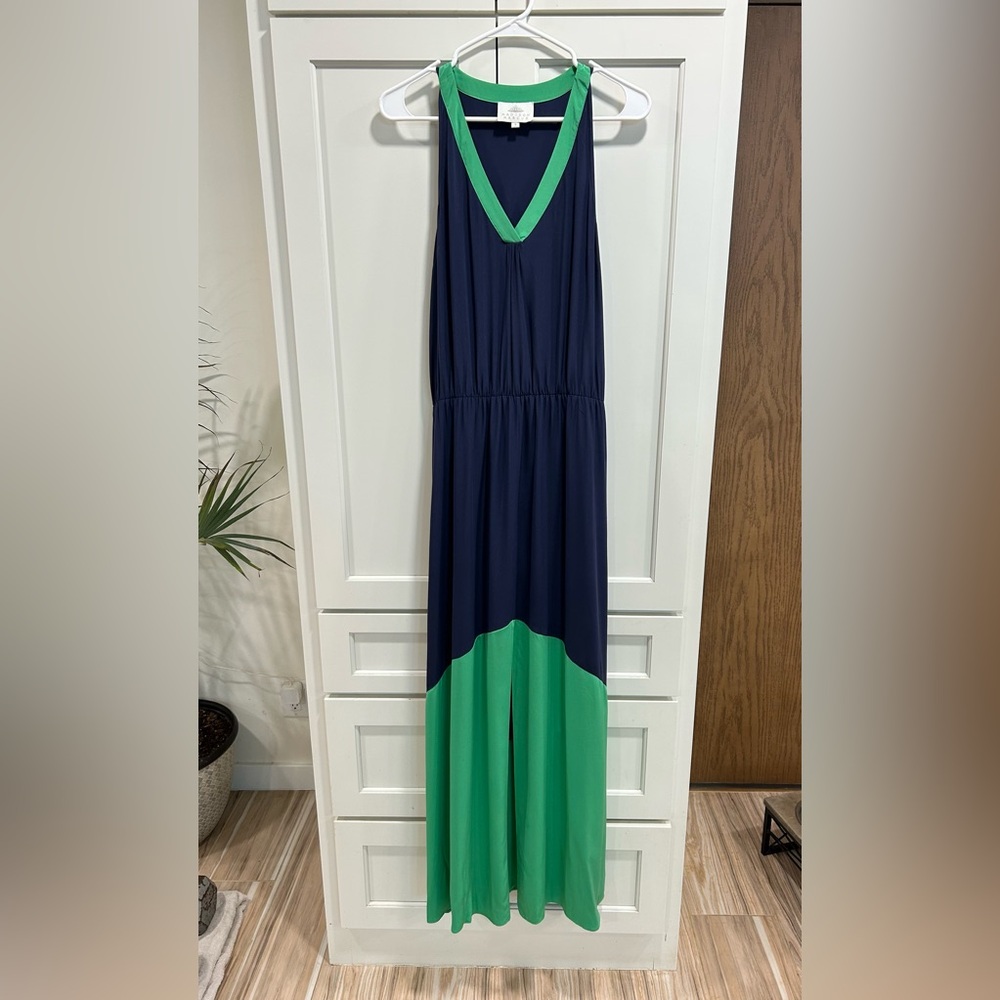 New Madison Marcus Silk Navy and Green Sleeveless Maxi Dress